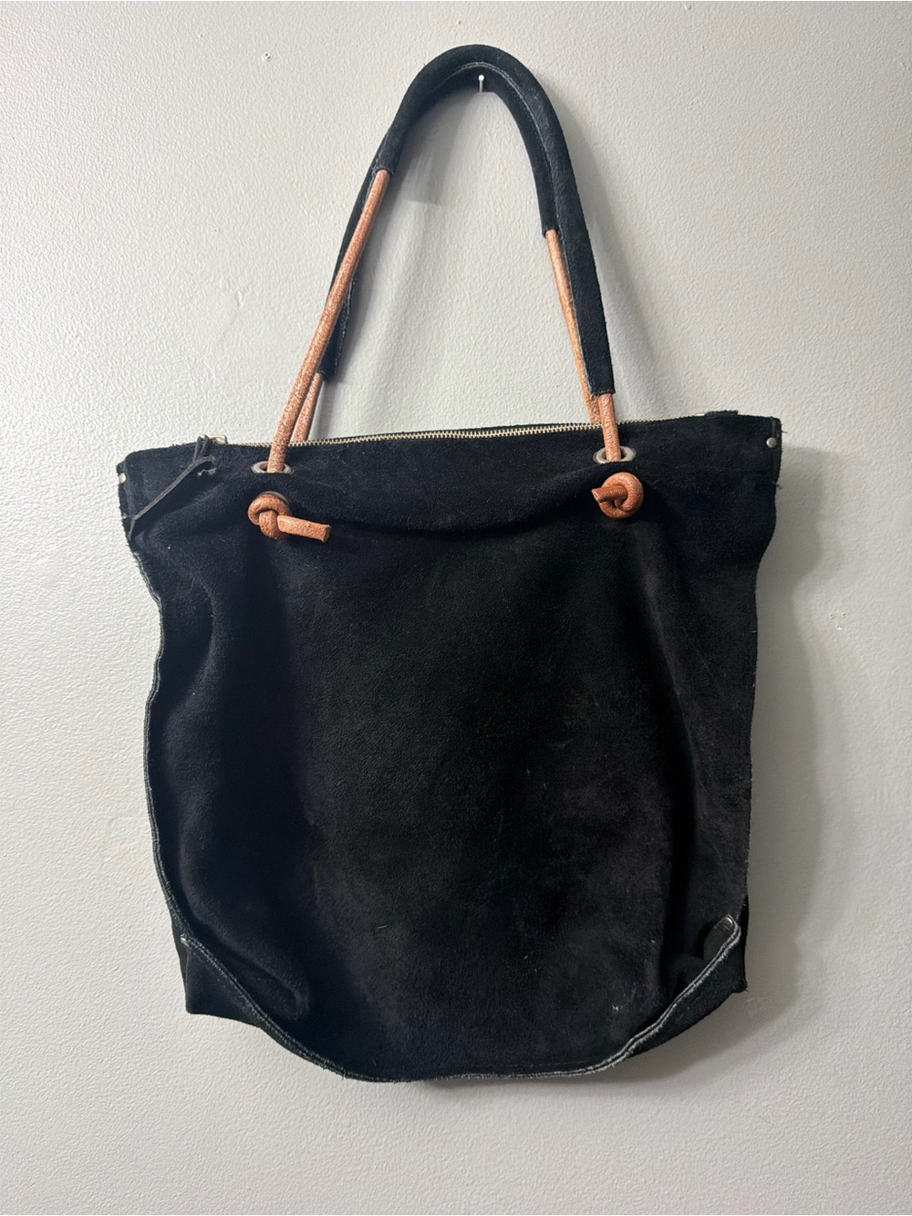 Dean Black Suede Tote Bag with Tan Handle Accents - Picture 5 of 11